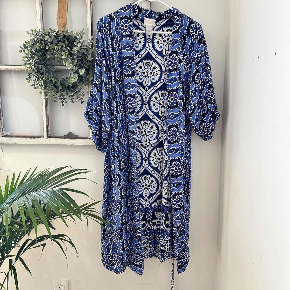 haute hippie rayon porcelain blue white reversible kimono belt robe cover up, M - Picture 6 of 7